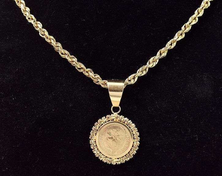 Charming 14K Yellow Gold 1945 Dos Y Medio Pesos Coin Pendant Necklace