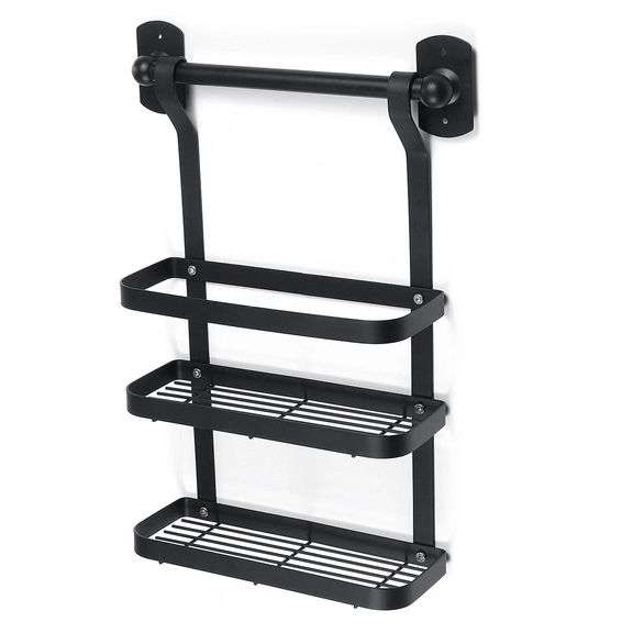 Wall-Mounted Rack: Black Stainless Steel Kitchen Shelf