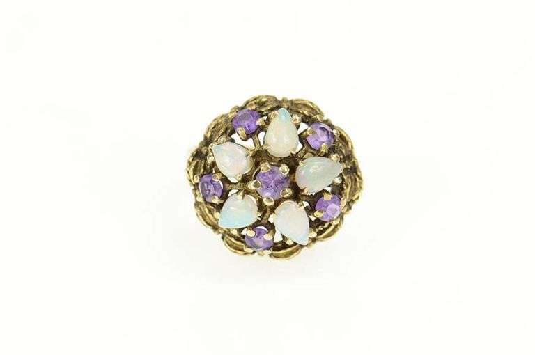 14K Yellow Gold Amethyst Pear Opal Flower Cocktail Retro Ring