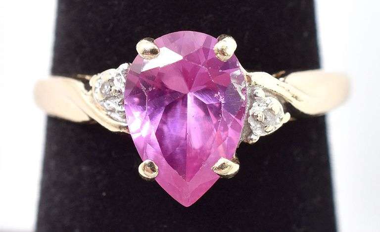Fantastic 10K Yellow Gold Pink Topaz and Diamond Ring