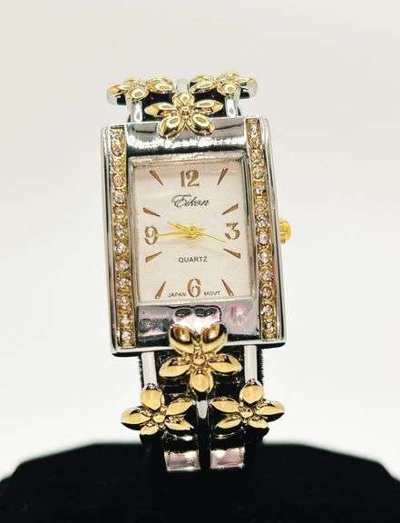 Beautiful Two-Tone Cuff Watch Bracelet with Gemstones