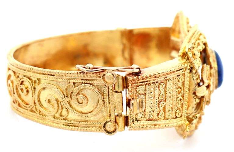 Vintage Lapis Etruscan Style Bangle Bracelet in 18K