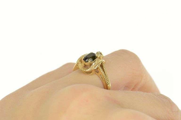 14K Yellow Gold Green Tourmaline Diamond Accent Leaf Ring