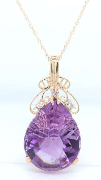14kt Yellow gold fancy pear shaped amethyst and diamond pendant on chain necklace