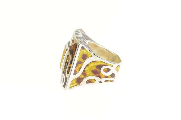 Sterling Silver Ornate Designer Citrine Swirl Enamel Square Ring
