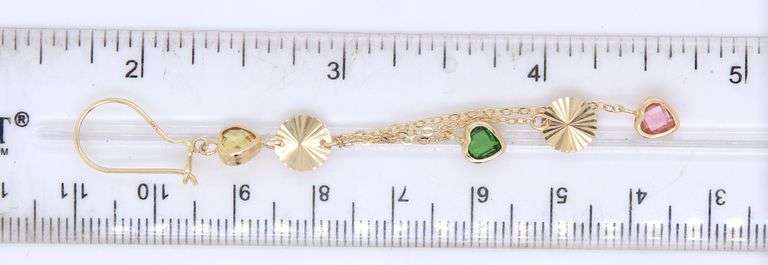 14kt Yellow gold heart shaped pink and green cubic zirconia dangle earrings
