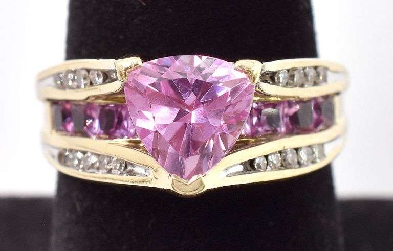 Enchanting 10K Yellow Gold Lab Created Pink Sapphire and Diamond Ring