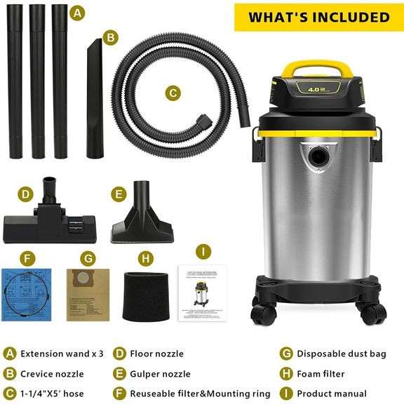 Powerful Wet/Dry Vacuum with 4-Gallon Stainless Steel Tank