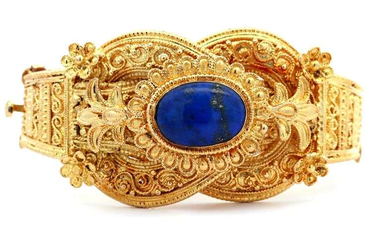 Vintage Lapis Etruscan Style Bangle Bracelet in 18K
