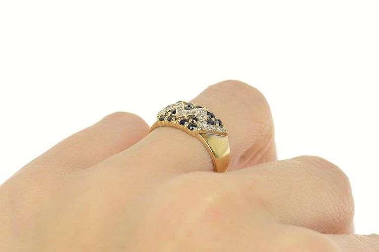 14K Yellow Gold Zig Zag Diamond Sapphire Cluster Band Ring