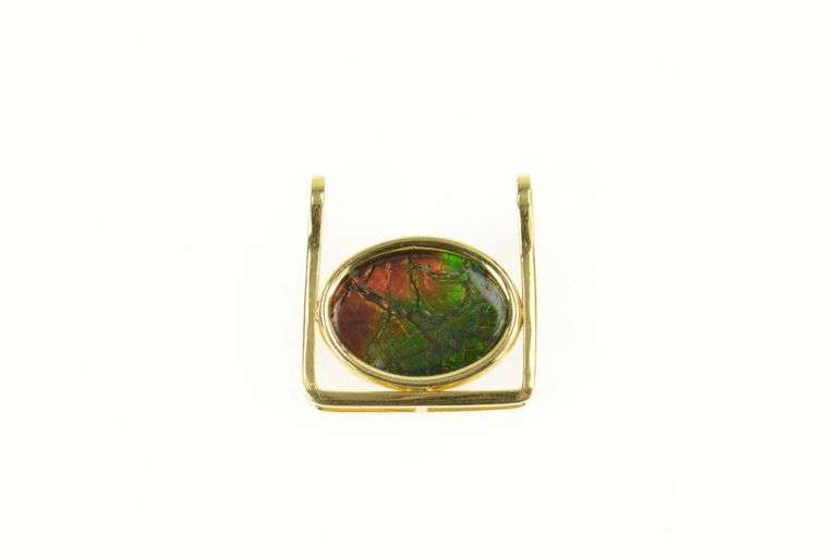 18K Yellow Gold Oval Ammolite Squared Artisanal Handmade Pendant