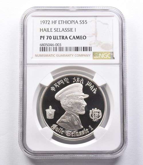 PF70 UCAM 1972 HF Ethiopia 5 Dollars .999 Silver Haile Selassie I NGC