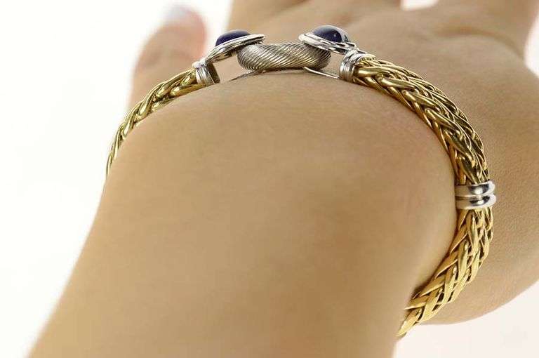 14K Yellow Gold Two Tone Lapis Lazuli Heart Wheat Chain Bracelet