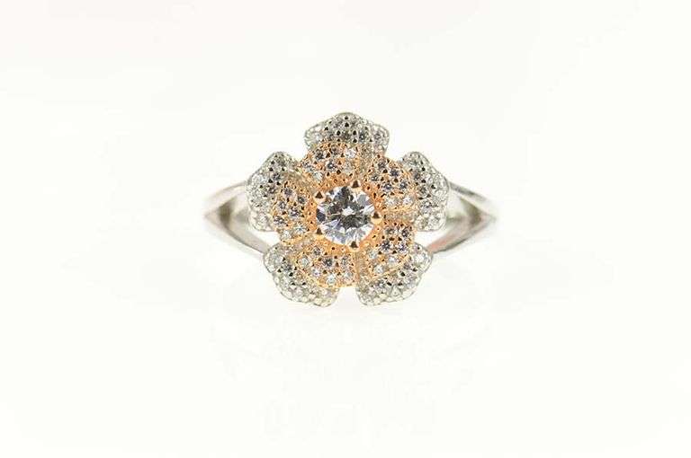 Sterling Silver Pave Encrusted Flower Two Tone Spinner Ring