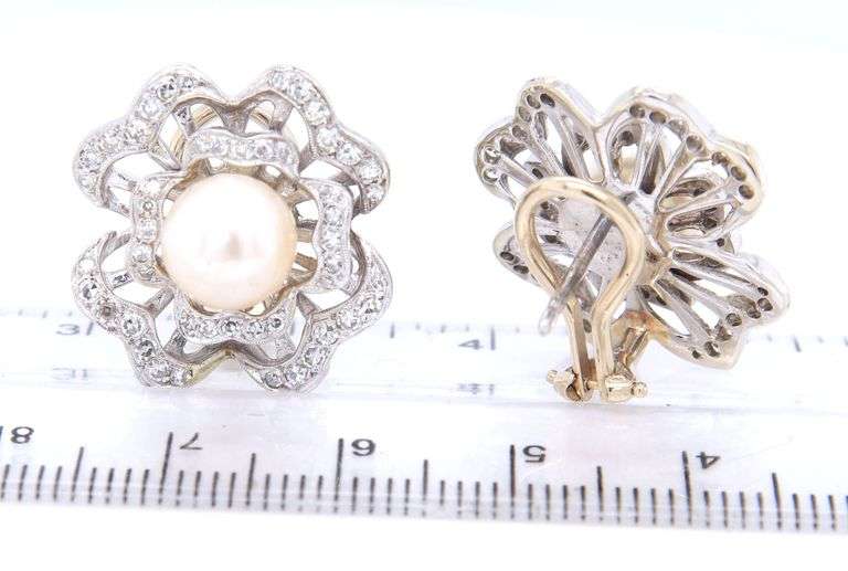 Vintage 14kt White gold single cut diamond flower earrings with 8mm pearl center