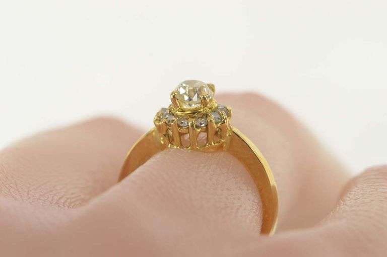 18K Yellow Gold 0.60 Ctw Old Mine Cut Diamond Halo Engagement Ring