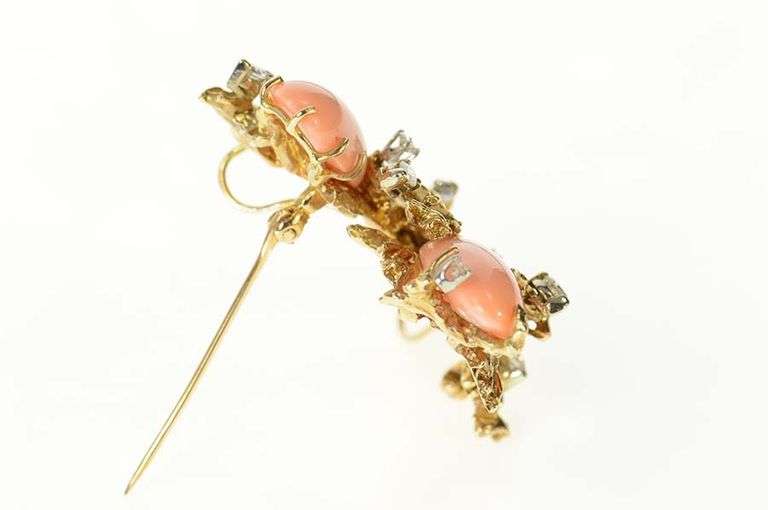 14K Yellow Gold 1960's Coral Diamond Floral Statement Pendant/Pin