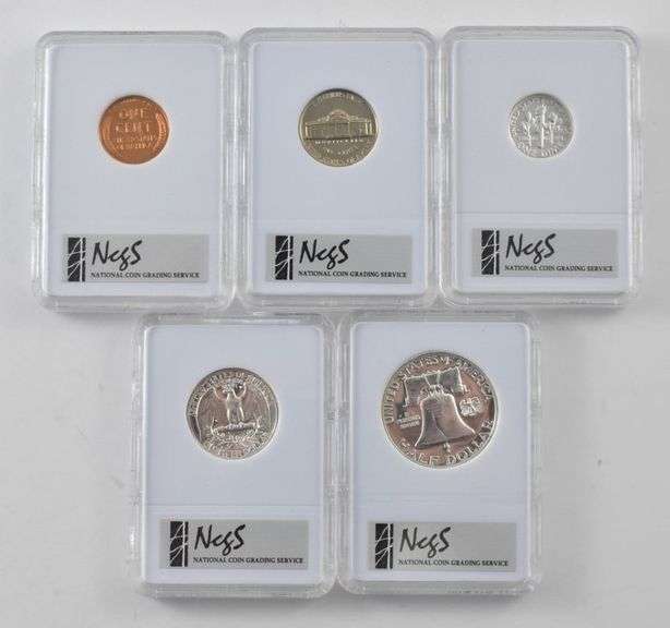 (5) 1958 PF DCAM PR70 Cent Nickel PR69 Dime, Quarter, Half Dollar NCGS