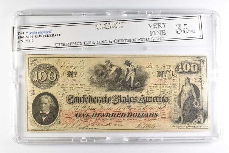 CGC VF 35 PQ $100 1862 Confederate States America Note Triple Stamped