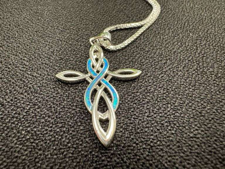 925 Sterling Silver Fashion Blue Synthetic Opal Cross Pendant Celtic Infinity Charm