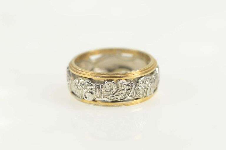 14K White Gold 1930's Ornate Two Tone Scroll Wedding Band Ring