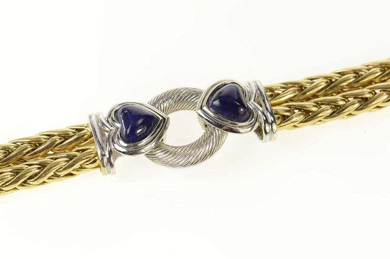 14K Yellow Gold Two Tone Lapis Lazuli Heart Wheat Chain Bracelet