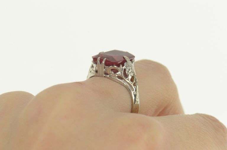 10K White Gold Art Deco Syn. Ruby Filigree Statement Ring