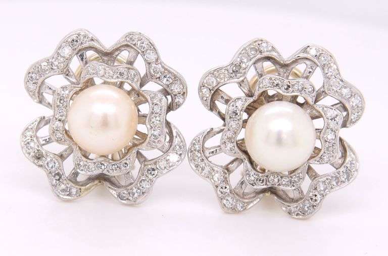Vintage 14kt White gold single cut diamond flower earrings with 8mm pearl center