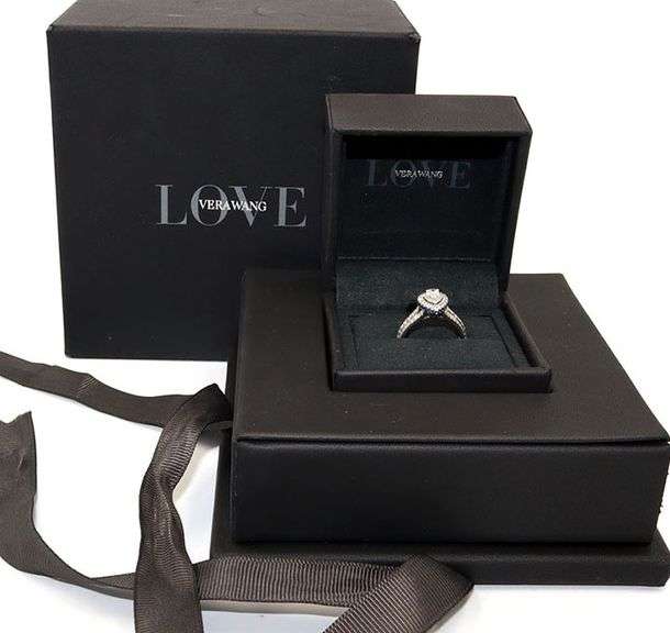 Vera Wang 1.00ctw Pear and Round Diamond Double Frame Engagement Ring in 14K W/Box
