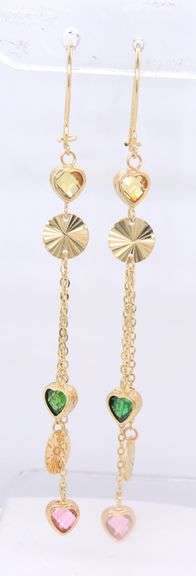 14kt Yellow gold heart shaped pink and green cubic zirconia dangle earrings