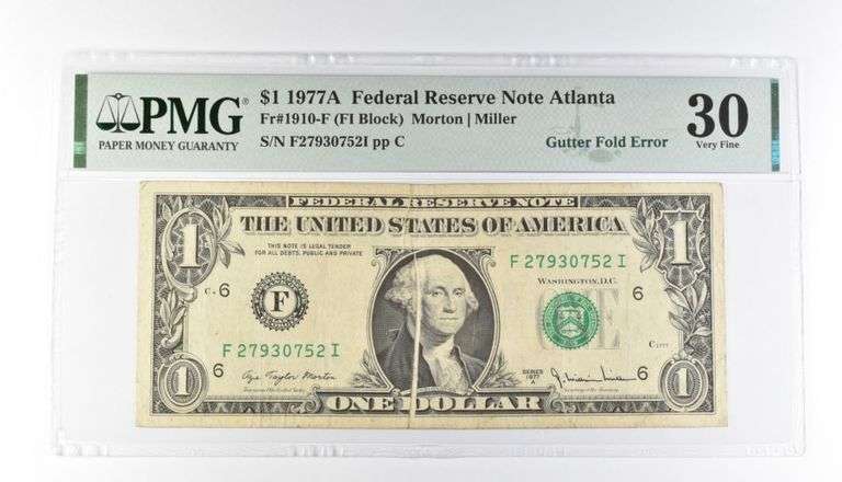 PMG 30 VF $1 1977A FRN Atlanta Fr#1910-F Gutter Fold Error