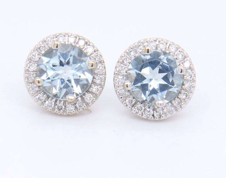 14kt White gold 2.50ctw aquamarine and diamond halo earrings