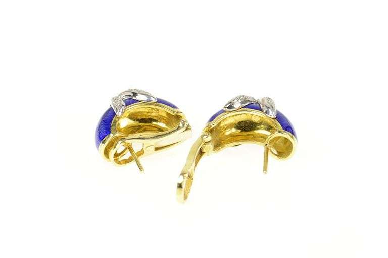 18K Yellow Gold Blue Enamel Diamond Criss Cross Statement Earrings