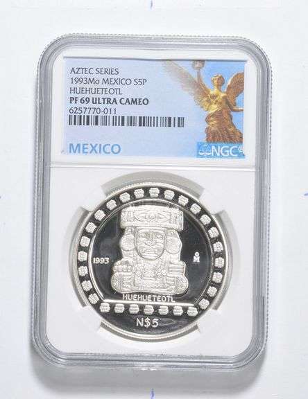 PF69 UCAM 1993 Mo Mexico Silver 5 Pesos Aztec Series Huehueteotl - NGC