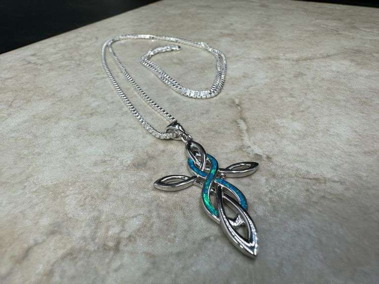 925 Sterling Silver Fashion Blue Synthetic Opal Cross Pendant Celtic Infinity Charm