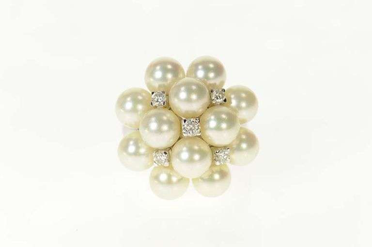 18K White Gold Pearl Diamond Retro Ornate Cluster Cocktail Ring