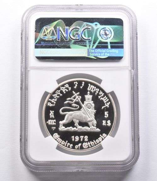 PF70 UCAM 1972 HF Ethiopia 5 Dollars .999 Silver Haile Selassie I NGC