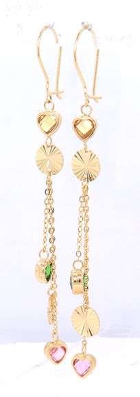 14kt Yellow gold heart shaped pink and green cubic zirconia dangle earrings