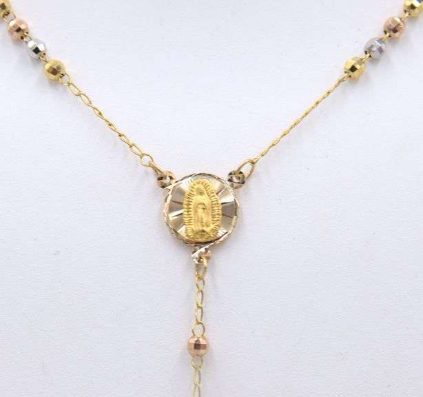 14kt Tri color gold beaded diamond cut Rosary necklace