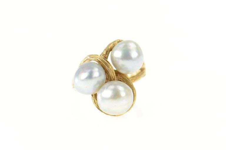 14K Yellow Gold Retro Light Blue Pearl Vine Cluster Cocktail Ring