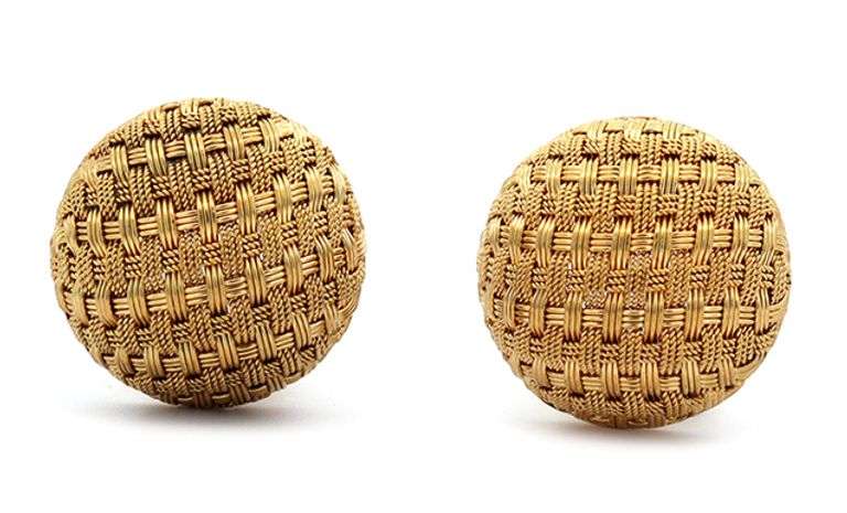 Woven Dome Button Omega Backing Earrings in 18K