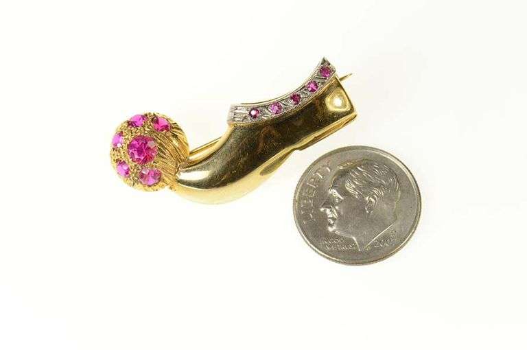14K Yellow Gold Victorian Syn. Ruby Slipper Statement Pin/Brooch