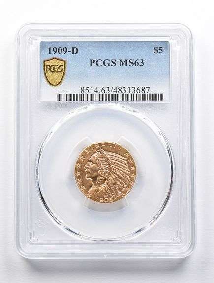 MS63 1909-D $5 Indian Head Gold Half Eagle PCGS