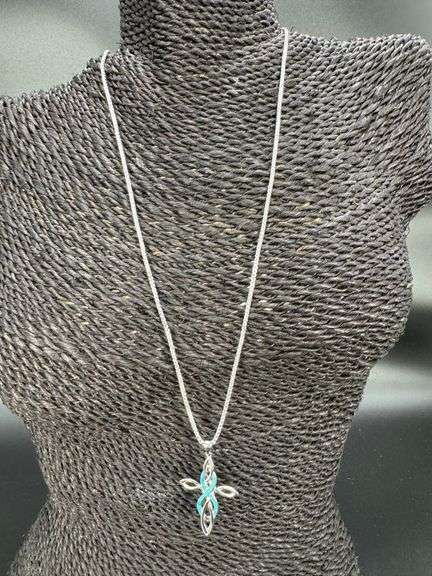 925 Sterling Silver Fashion Blue Synthetic Opal Cross Pendant Celtic Infinity Charm