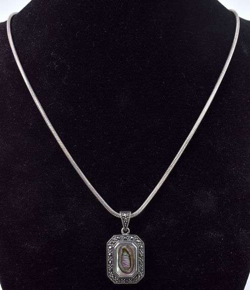 Sterling Silver Abalone and Marcasite Gemstone Pendant Necklace