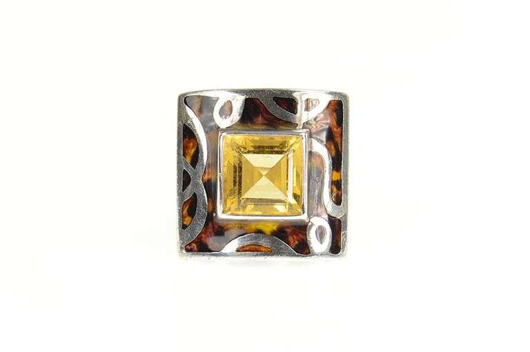 Sterling Silver Ornate Designer Citrine Swirl Enamel Square Ring