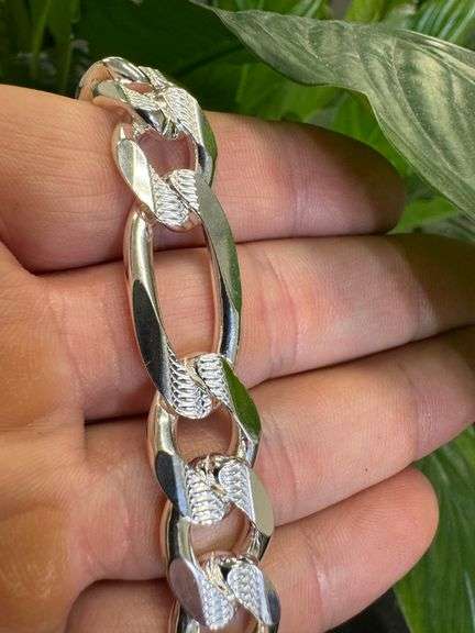 Men's 13.5mm .925 Sterling Silver Heavy Pave Figaro Chain Cuban Link Italy Bracelet 9"