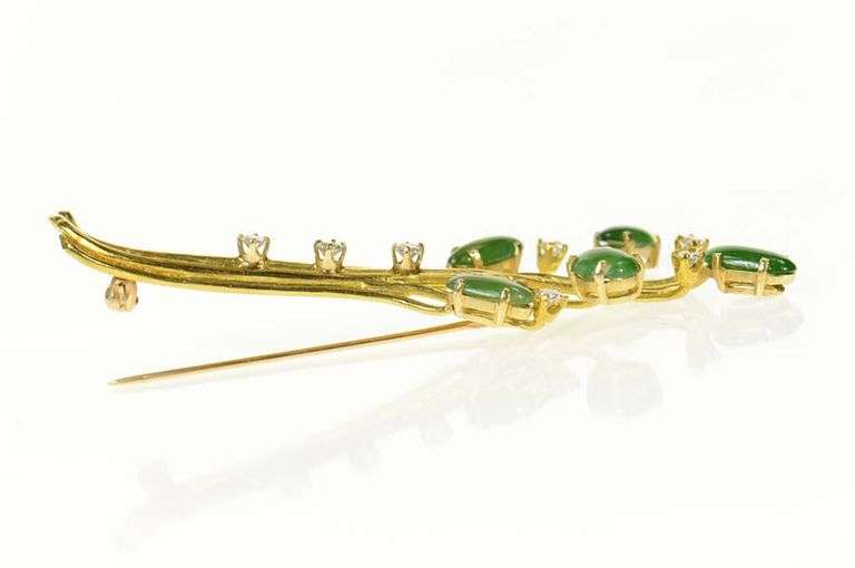 18K Yellow Gold Jade Diamond Retro Tree Statement Pin/Brooch