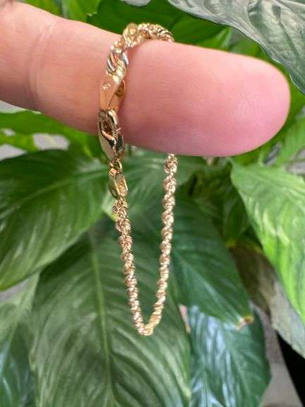 10k Yellow Gold Hollow Diamond-Cut Rope Link Chain 3mm Bracelet 7"