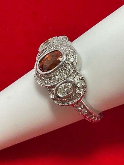 CERTIFIED 14K WHITE GOLD DIAMOND AND CITRINE RING